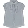 Hope & Henry Baby Girls' Ruffle Front Shirt With Puff Sleeves, Infant In Light Navy Micro Check