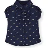 Hope & Henry Baby Girls' Ruffle Front Shirt With Puff Sleeves, Infant In Navy With Tan Horse Print