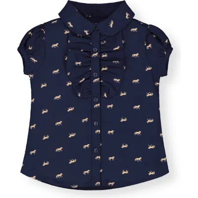 Hope & Henry Baby Girls' Ruffle Front Shirt With Puff Sleeves, Infant In Navy With Tan Horse Print