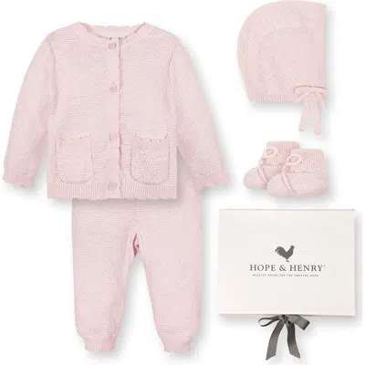 Hope & Henry Kids'  Baby Organic 5 Piece Knit Gift Set With Box, Infant In Pale Pink Cardigan Bonnet Set
