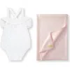 Hope & Henry Baby Ruffle Sweater Romper & Jacquard Blanket Gift Set In White & Rose