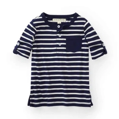 Hope & Henry Boys' Henley Pocket Tee With Rolled Sleeves, Kids In Navy Stripe With Pocket