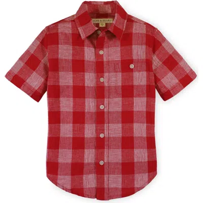 Hope & Henry Boys' Linen Short Sleeve Button Down Shirt, Kids In Red Pencil Check Linen