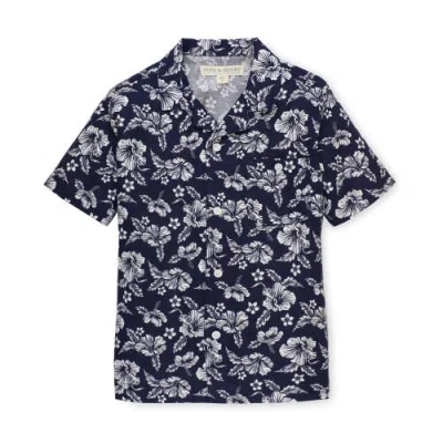 Hope & Henry Boys' Linen Short Sleeve Camp Shirt, Kids In Navy Hibiscus Linen