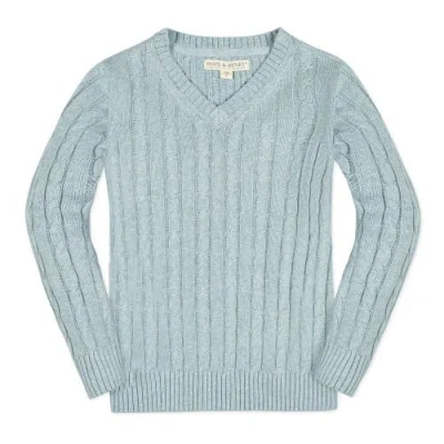 Hope & Henry Boys' Organic Fine Gauge Cable V-neck Sweater, Kids In Dusty Blue Heather Cable