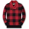 Hope & Henry Boys' Organic Shawl Collar Cable Sweater, Kids In Red Buffalo Check With Toggle