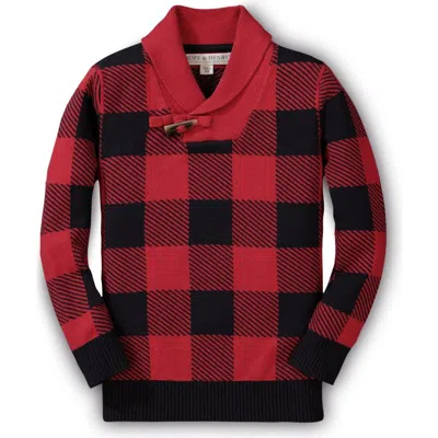 Hope & Henry Boys' Organic Shawl Collar Cable Sweater, Kids In Red Buffalo Check With Toggle