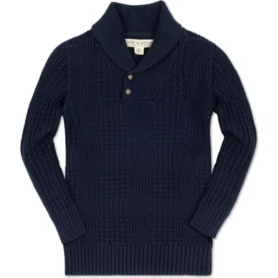 Hope & Henry Boys' Organic Textured Shawl Collar Sweater, Kids In Navy Glen Plaid Texture