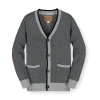 Hope & Henry Boys' Organic Tipped Cardigan With Elbow Patches, Kids In Gray And Black Herringbone
