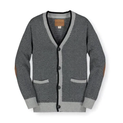 Hope & Henry Boys' Organic Tipped Cardigan With Elbow Patches, Kids In Gray And Black Herringbone