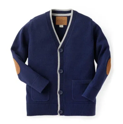 Hope & Henry Boys' Organic Tipped Cardigan With Elbow Patches, Kids In Navy
