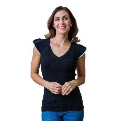 Hope & Henry Flutter Sleeve Sweater Top In Black Pointelle