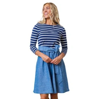 Hope & Henry French Jersey Skater Dress In Navy And White With Chambray