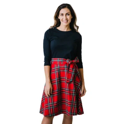 Hope & Henry French Skater Dress In Black Ponte Red Tartan