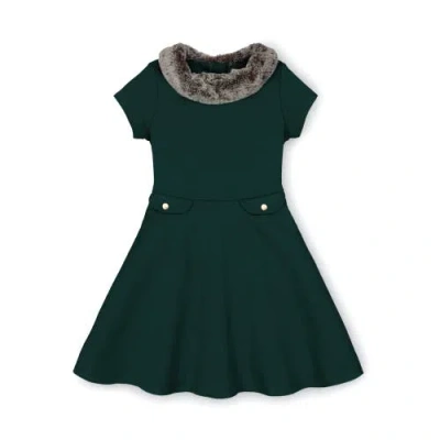 Hope & Henry Girls' Fit And Flare Ponte Dress With Faux Fur, Kids In Deep Green