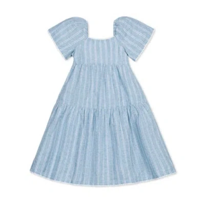 Hope & Henry Girls' Flounce Sleeve Tiered Linen Dress, Kids In Mallorca Stripe