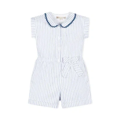 Hope & Henry Babies'  Girls' Linen Collared Button Front Romper, Toddler In White Court Pinstripe