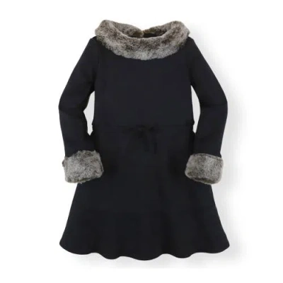 Hope & Henry Babies'  Girls' Long Sleeve Ponte Dress With Faux Fur, Toddler In Black Long Sleeve