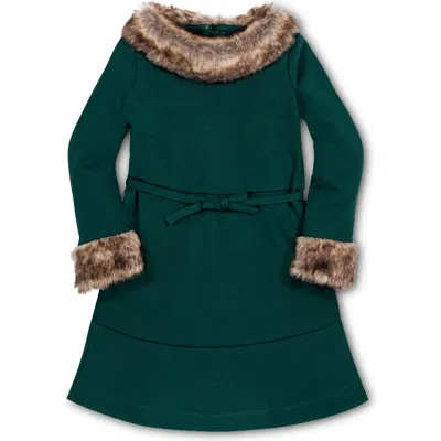 Hope & Henry Babies'  Girls' Long Sleeve Ponte Dress With Faux Fur, Toddler In Deep Green Long Sleeve