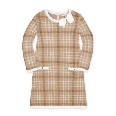 Hope & Henry Babies'  Girls' Organic Bow Sweater Dress, Toddler In Camel Plaid Intarsia