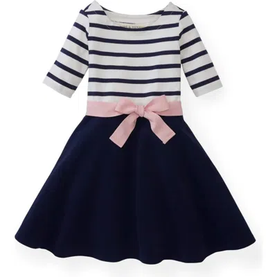 Hope & Henry Babies'  Girls' Organic Cotton Lightweight Blocked Skater Dress, Infant In Navy With Rose Pink Ribbon