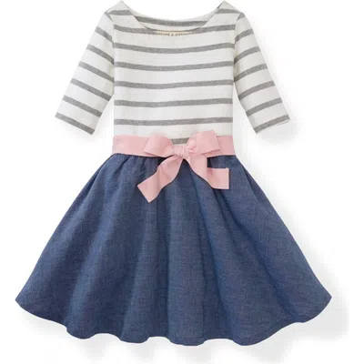 Hope & Henry Babies'  Girls' Organic Cotton Lightweight Blocked Skater Dress, Infant In Pink And White With Chambray