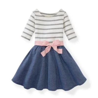 Hope & Henry Girls' Organic Cotton Lightweight Blocked Skater Dress, Kids In Pink And White With Chambray