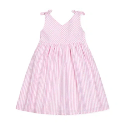 Hope & Henry Girls' Organic Eyelet Bow Shoulder Dress, Kids In Classic Pink And White Stripe