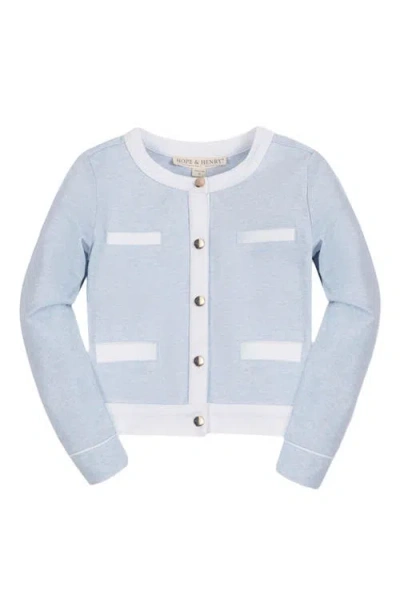 Hope & Henry Girls' Organic French Terry Contrast Trim Cardigan, Kids In Light Blue Heather