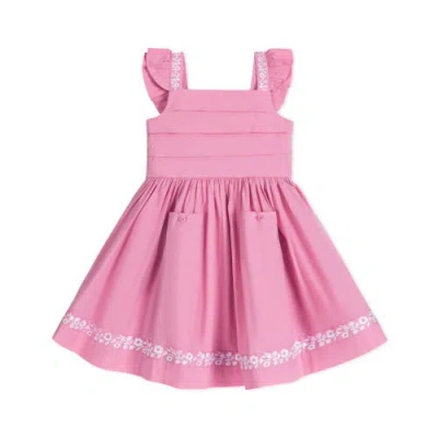 Hope & Henry Babies'  Girls' Organic Pleated Apron Dress With Embroidery, Toddler In Classic Pink With Embroidery