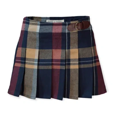 Hope & Henry Girls' Organic Pleated Buckle Skirt, Kids In Navy Multi Plaid