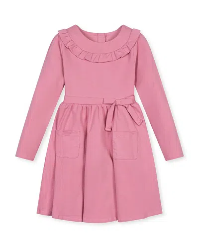 Hope & Henry Girls' Organic Ruffle Neck Knit Skater Dress - Little Kid, Big Kid In Pink