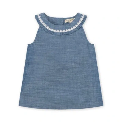 Hope & Henry Girls' Organic Sleeveless Ruffle Collar Chambray Button Back Top , Kids In Chambray Sleeveless Ruffle