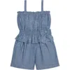 Shop Hope & Henry Girls' Organic Smocked Waist Chambray Romper, Kids In Blue Chambray