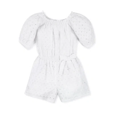 Hope & Henry Girls' Puff Sleeve Eyelet Romper, Kids In White Circle Grid Eyelet