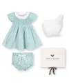 Hope & Henry Girls' Short Sleeve Linen Dress With Ruffle Collar And Bonnet Boxed Gift Set - Baby