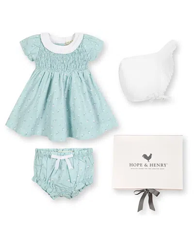Hope & Henry Girls' Short Sleeve Linen Dress With Ruffle Collar And Bonnet Boxed Gift Set - Baby