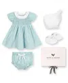 Hope & Henry Girls' Short Sleeve Linen Dress With Ruffle Collar And Bonnet Boxed Gift Set - Baby