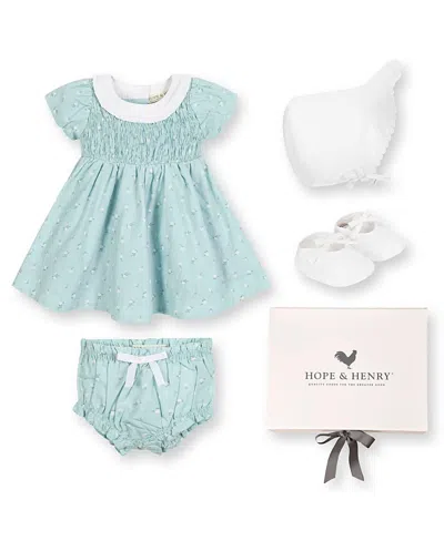 Hope & Henry Girls' Short Sleeve Linen Dress With Ruffle Collar And Bonnet Boxed Gift Set - Baby