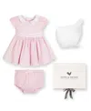 Hope & Henry Girls' Short Sleeve Sateen Dress With Peter Pan Collar And Bonnet Boxed Gift Set - Baby