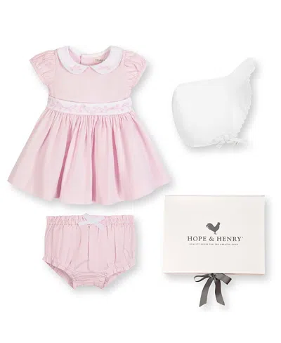 Hope & Henry Girls' Short Sleeve Sateen Dress With Peter Pan Collar And Bonnet Boxed Gift Set - Baby