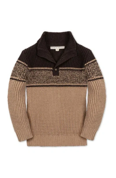 Hope & Henry Kids' Organic Mock Neck Waffle Sweater In Camel And Chocolate Stripe