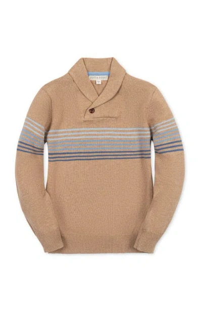 Hope & Henry Kids' Organic Shawl Collar Stripe Sweater In Camel Heather Stripe
