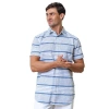 Hope & Henry Linen Short Sleeve Button Down Shirt In Dark Blue Variegated Stripe