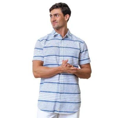 Hope & Henry Linen Short Sleeve Button Down Shirt In Dark Blue Variegated Stripe