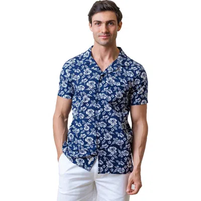 Hope & Henry Linen Short Sleeve Camp Shirt In Navy Hibiscus Linen