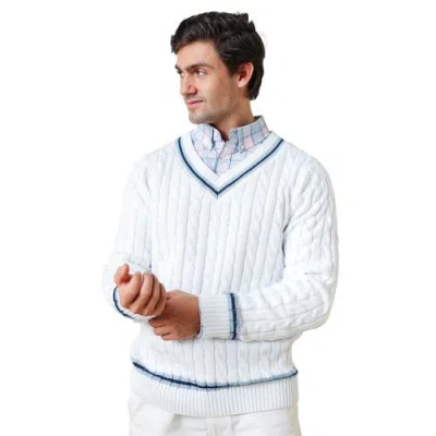Hope & Henry Mens' Organic V-neck Cricket Jumper In White With Classic Blue