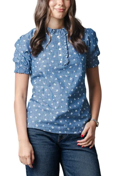 Hope & Henry Organic Chambray Puff Sleeve Top In Blue
