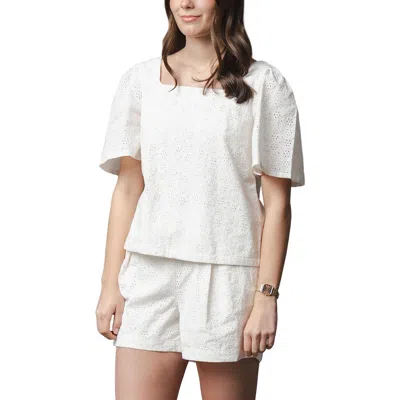 Hope & Henry Organic Flounce Sleeve Eyelet Top In White