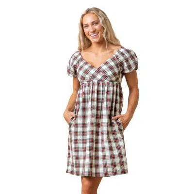 Hope & Henry Organic Puff Sleeve Crossover Dress In Ivory Holiday Tartan